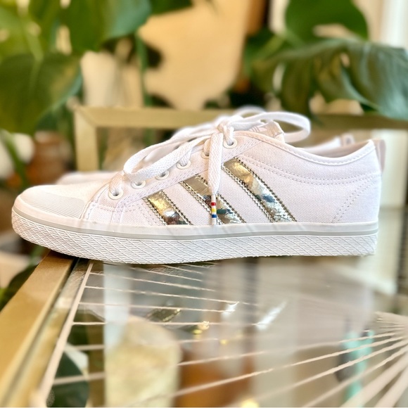 Adidas Originals White & Silver Metallic Honey Stripes Low Sneakers 8.5 - Picture 4 of 8